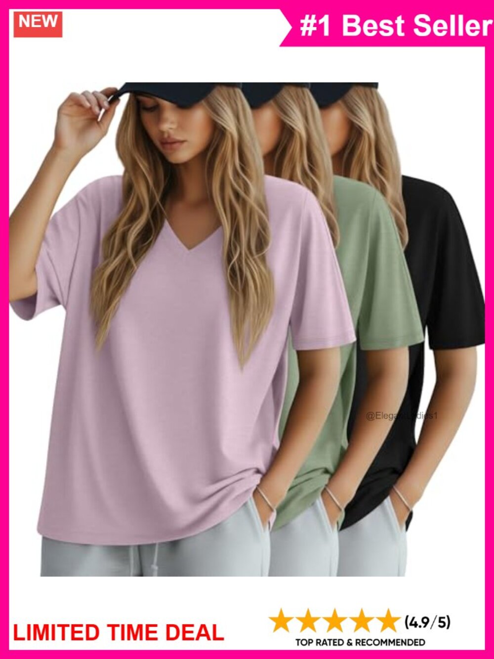 3 Pack Oversized Cotton T-Shirts V-Neck Half Sleeve Summer Tops